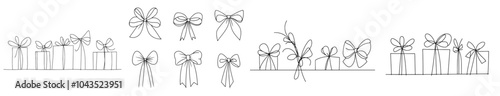 A simple bow on ribbon with lines and corners being decorated. A bow for a package, a letter, a planner diary with decent dividers.