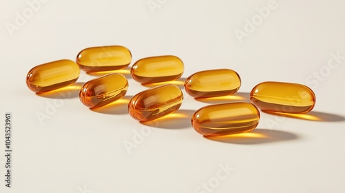 Fish oil omega 3 gel capsules on white background. 