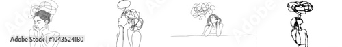 Stressed woman holding her head in her hands during a stressful situation, Line Art modern illustration