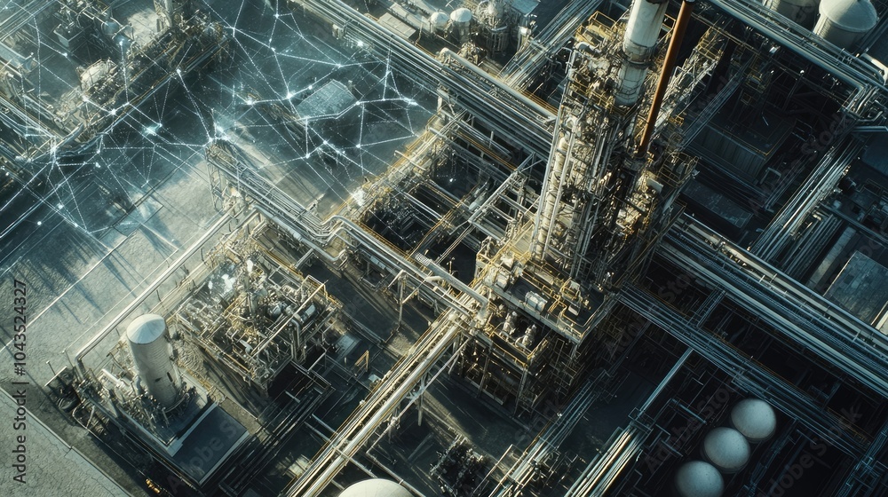 An aerial view of a sophisticated industrial area paired with graphics of a communication network highlights the significance of connectivity in contemporary industry. An aerial view of a sophisticated industrial area paired with graphics of a communication network highlights the significance of connectivity in contemporary industry.