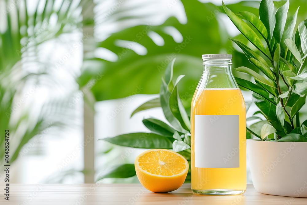 Fototapeta premium A clean minimalistic mockup of a glass citrus juice bottle with a blank label, layout with copy space