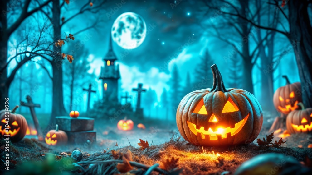 jack o lantern pumpkin in a scary forest, cemetery and full moon, autumn halloween october background jack o lantern pumpkin in a scary forest, cemetery and full moon, autumn halloween october background