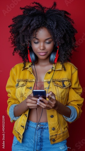 Woman With Headphones in Front of Red Wall