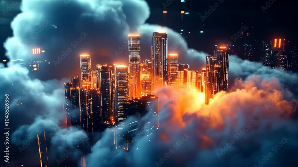 Animation of digital cloud with top of the city buildings. Animation of digital cloud with top of the city buildings.