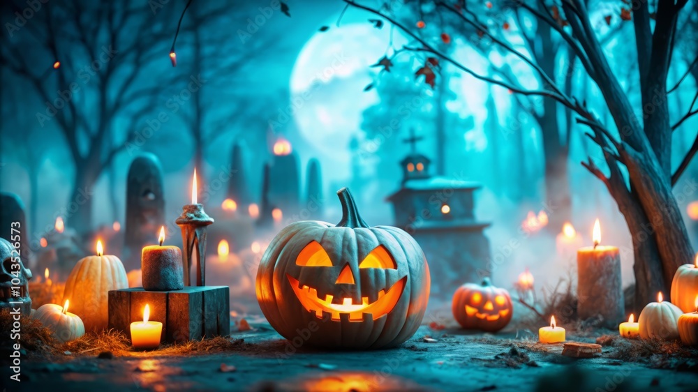 Naklejka premium halloween background with pumpkins, creepy forest, cemetery and full moon, spooky Halloween, autumn october background
