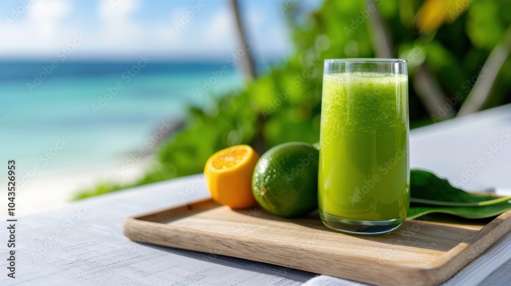 A refreshing green smoothie sits on a wooden tray, accompanied by citrus fruits, with a picturesque beach background and vibrant greenery.