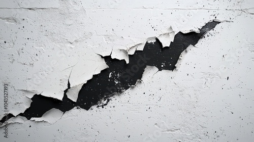 A close-up of a cracked wall with peeling paint, revealing a dark underlayer beneath the surface, showcasing texture and wear. photo