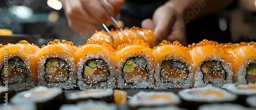 Close-up of a chef's hands preparing vibrant sushi rolls with fresh salmon and bright orange roe, showcasing the artistry of Japanese cuisine. photo