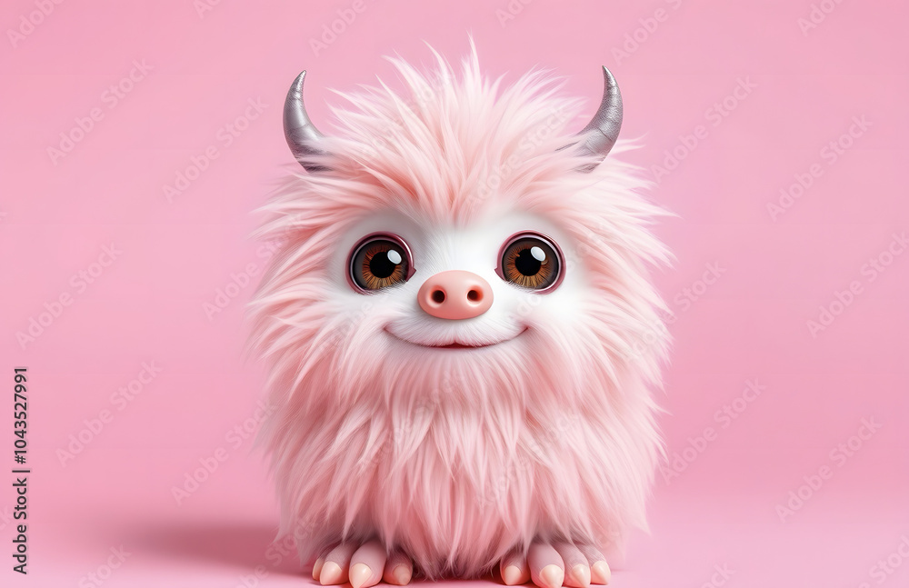 Obraz premium Funny fluffy pink monster on transparent pink background. Joyful and soft little monster. Charming yeti. Halloween character.