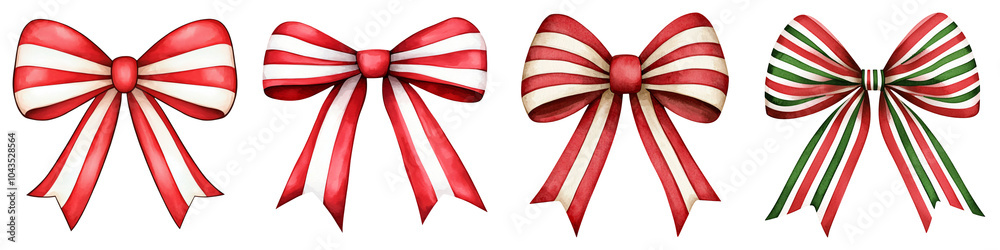 Four festive bows in red and white stripes, perfect for holiday decorations and gift wrapping. Four festive bows in red and white stripes, perfect for holiday decorations and gift wrapping.