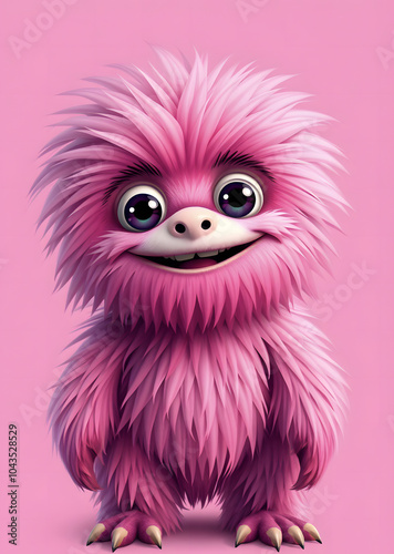 Funny fluffy pink monster on transparent pink background. Joyful and soft little monster. Charming yeti. Halloween character.