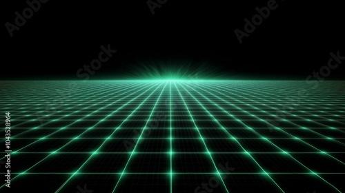 A digital grid with glowing green lines stretches towards a bright horizon against a black background, evoking a futuristic and high-tech atmosphere.