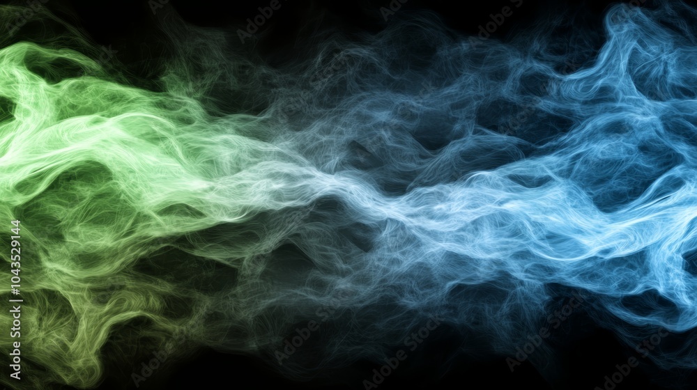 Obraz premium A mesmerizing swirl of green and blue smoke against a dark background, creating an ethereal and dynamic visual effect.