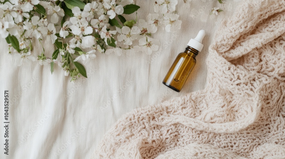 Pastel-themed flat lay with essential oil bottle, delicate florals, and soft fabrics, minimalist aesthetic Pastel-themed flat lay with essential oil bottle, delicate florals, and soft fabrics, minimalist aesthetic