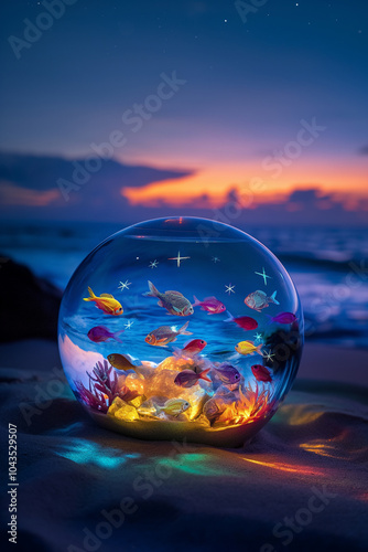 Fish in the glass ball at the seaside at sunset