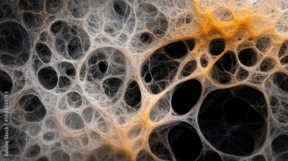 A close-up view of intricate, web-like patterns featuring bubbles and cell-like structures, showcasing orange and black contrasts. A close-up view of intricate, web-like patterns featuring bubbles and cell-like structures, showcasing orange and black contrasts.