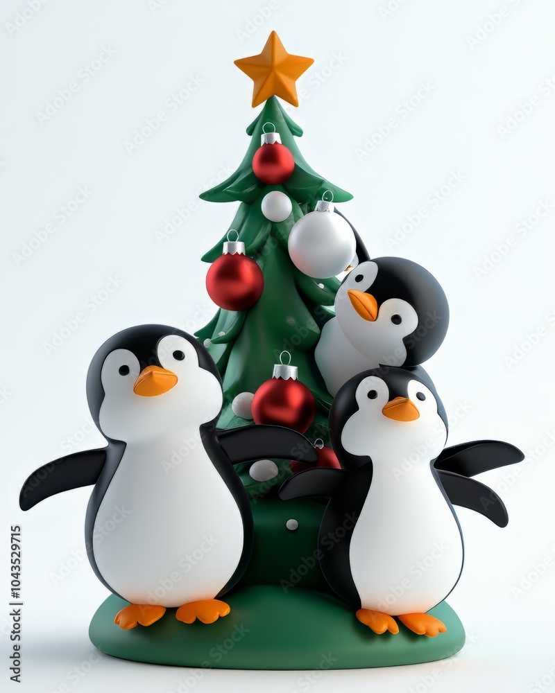 Fototapeta premium Three cheerful penguins celebrating Christmas near a decorated tree.