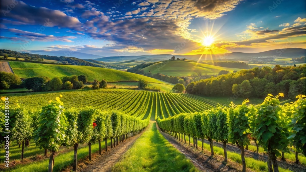 Breathtaking Summer Vineyard Landscape with Lush Grapevines and Rolling Hills Breathtaking Summer Vineyard Landscape with Lush Grapevines and Rolling Hills