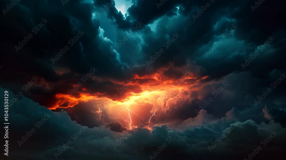 Animation of dramatic clouds with heavy storm and intense lightning.