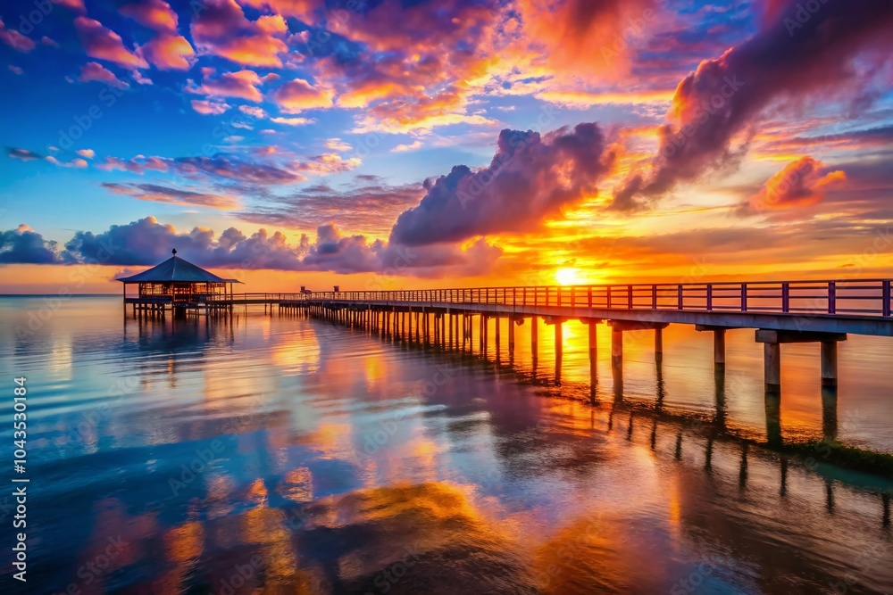 Obraz premium Breathtaking Sunrise on the Pier: A Tranquil Morning Scene at the Waterfront