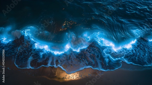 Mesmerizing Bioluminescent Algae Waves Crashing Against Moonlit Beach at Night