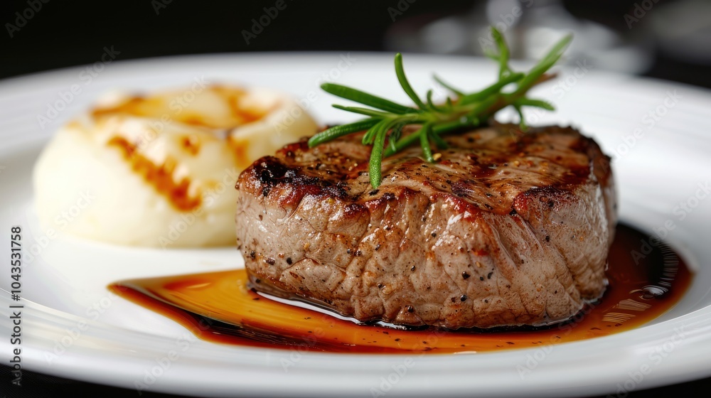 A beautifully plated steak with a rich sauce, garnished with herbs, accompanied by creamy mashed potatoes, showcasing culinary artistry. A beautifully plated steak with a rich sauce, garnished with herbs, accompanied by creamy mashed potatoes, showcasing culinary artistry.