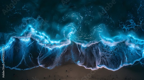 Glowing Bioluminescent Waves Crashing on a Serene Beach at Night with Mesmerizing Underwater Luminescence photo