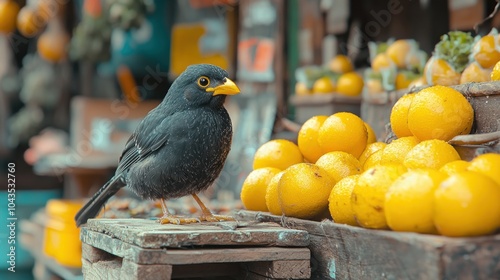 Fototapeta Naklejka Na Ścianę i Meble -  A small black bird with a yellow beak perches on a wooden crate filled with yellow oranges at a street market.