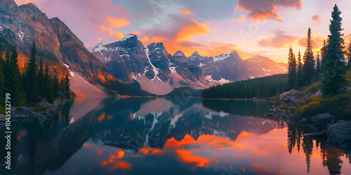 Breathtaking alpine lake reflecting snow-capped mountains at sunset with a colorful sky photo