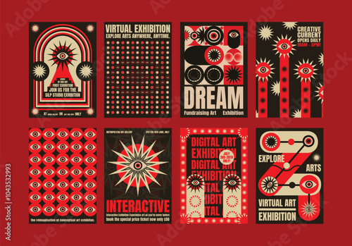 Collection of vibrant virtual psychedelic retro exhibition posters. Bold, artistic designs for digital art, interactive experiences, and creative currents. Psychedelic retro poster template vectors.