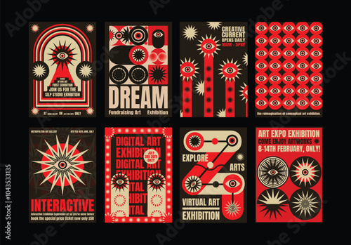 Retro art exhibition posters with bold red, black, and white designs. Eye-catching psychedelic retro graphics. Art, exhibition, and creativity. Psychedelic retro poster template vectors.