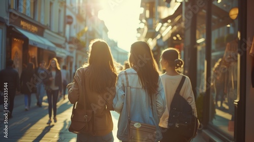 A group of friends stroll down the stylish street the back of heads visible as they chat and windowshop. Sunlight glints off . . photo