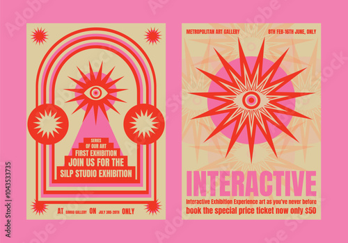 Colorful exhibition posters with bold text and starburst designs. Art exhibition details, interactive experience. Vibrant and eye-catching design. Psychedelic retro poster template vectors.