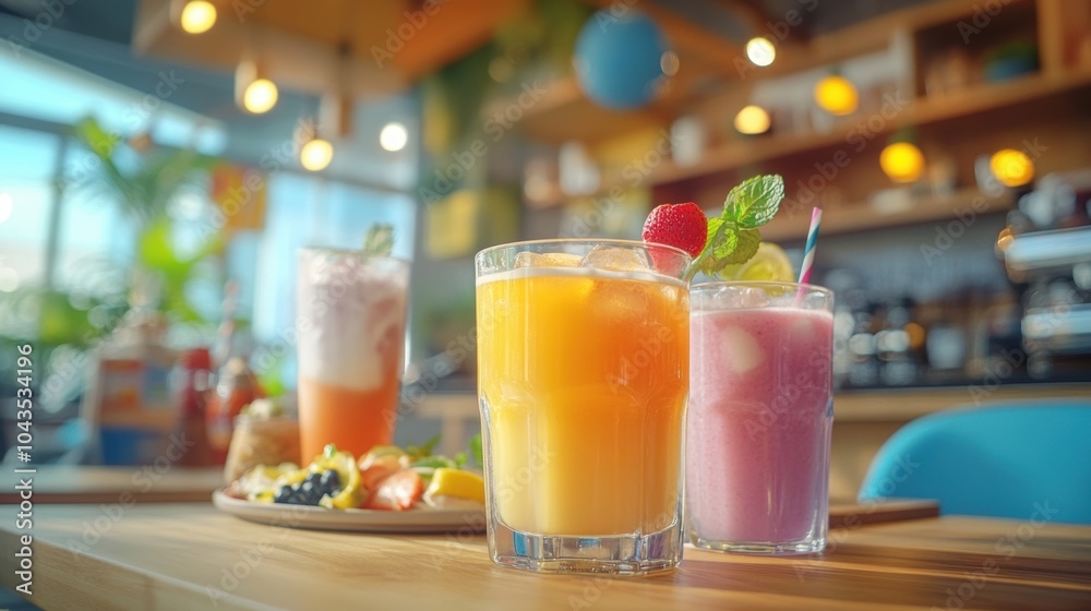 Three drinks on a table with a plate of food in front of them. Created with generative AI. Three drinks on a table with a plate of food in front of them. Created with generative AI.