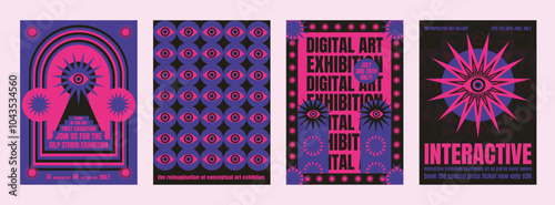 Digital psychedelic art exhibition posters in vibrant pink and purple. Eye motifs and bold text highlight digital art theme. Psychedelic retro poster template vectors.
