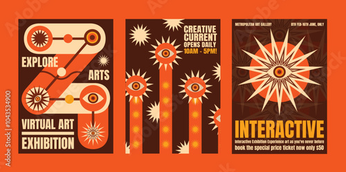 Retro art exhibition posters with bold colors, geometric designs, and eye motifs. Explore creative arts, virtual exhibition, interactive art. Psychedelic retro poster template vectors.
