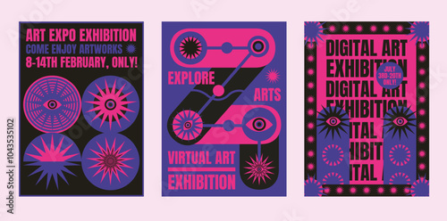 Vibrant psychedelic digital art exhibition posters in bold pink and blue. Virtual art, and digital art themes. Eye-catching, modern design. Psychedelic retro poster template vectors.