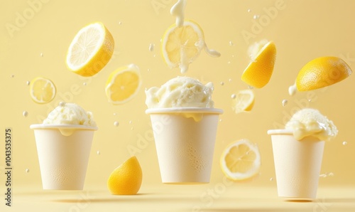 Lemon ice cream falling into paper cups.