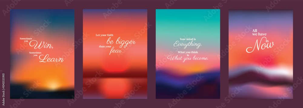Fototapeta premium Inspirational quotes on blurred sunset backgrounds. Motivational phrases on vibrant, colorful skies. Uplifting words on dreamy, serene horizons. Pink sky positivity quote poster template vectors.