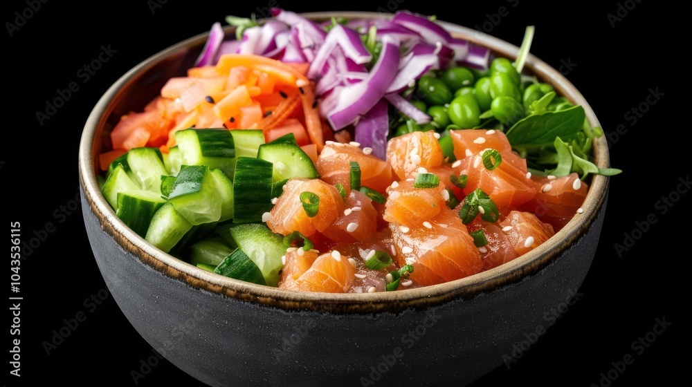 A colorful bowl of fresh ingredients featuring salmon, cucumbers, carrots, red cabbage, and green onions, perfect for a healthy meal. A colorful bowl of fresh ingredients featuring salmon, cucumbers, carrots, red cabbage, and green onions, perfect for a healthy meal.