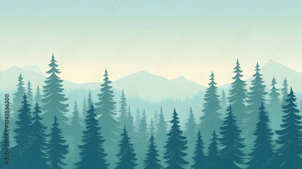 Serene Flat of a Canadian Forest Landscape with Pine Trees and Mountains Serene Flat of a Canadian Forest Landscape with Pine Trees and Mountains