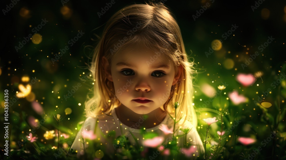 A serene child gazes with wonder amidst a magical forest scene filled with soft, glowing lights and colorful flowers. A serene child gazes with wonder amidst a magical forest scene filled with soft, glowing lights and colorful flowers.