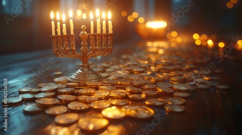 Hanukkah gelt scattered on a table next to a menorah with candles glowing softly in the evening light, photorealistic