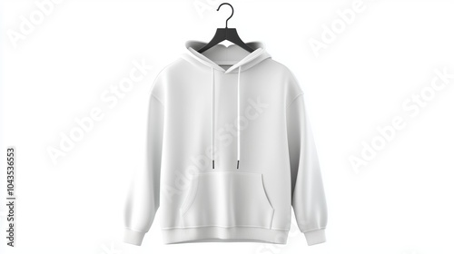 A white hoodie is hanging on a black hanger