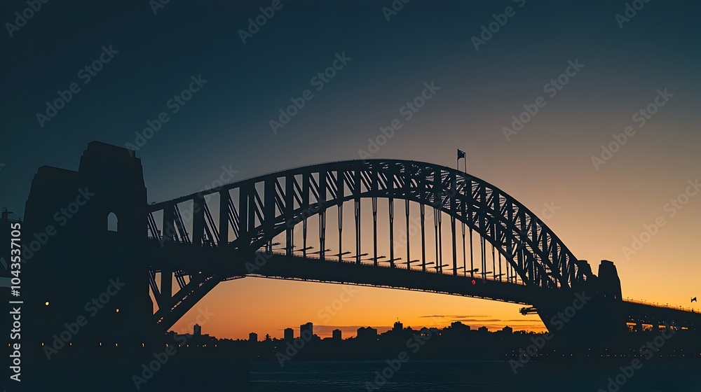 Fototapeta premium Silhouetted Sydney Harbour Bridge at Sunset with Blank Sky for Copy Space
