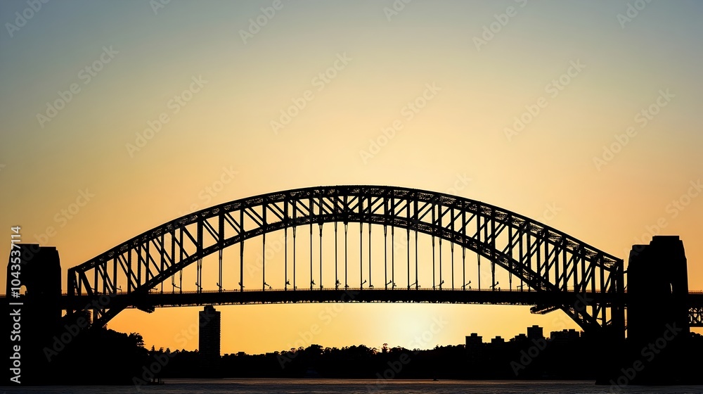 Fototapeta premium Silhouetted Sydney Harbour Bridge at Dramatic Sunset with Blank Sky for Copy Space