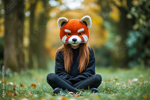 Girl wearing an animal mask, sitting on grass. She is wearing  red panda mascot costume, quadrober concept photo