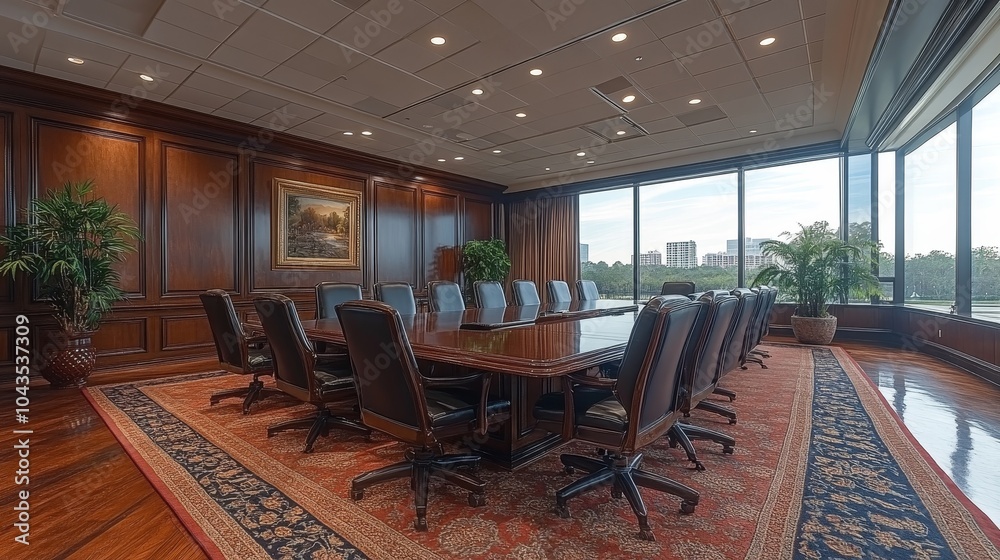 Fototapeta premium Spacious boardroom with dark wood furniture long conference table and overhead lighting