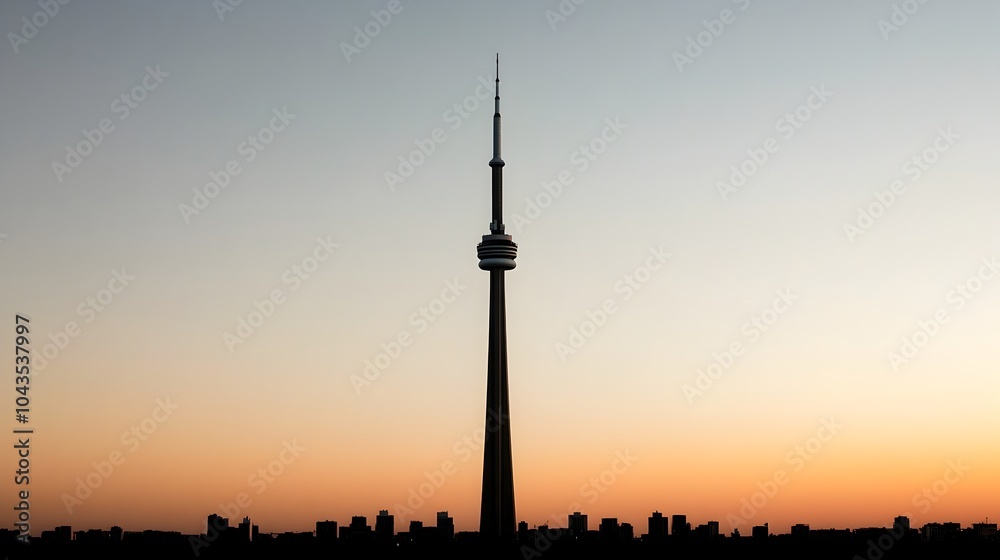 Fototapeta premium Silhouetted Iconic Tower Against Vibrant Sunset Skyline