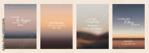 Inspirational quote posters. Motivational phrases like 'be bigger than your fear' and 'everything will be okay' on serene images. Aesthetic inspirational quote poster template vectors.